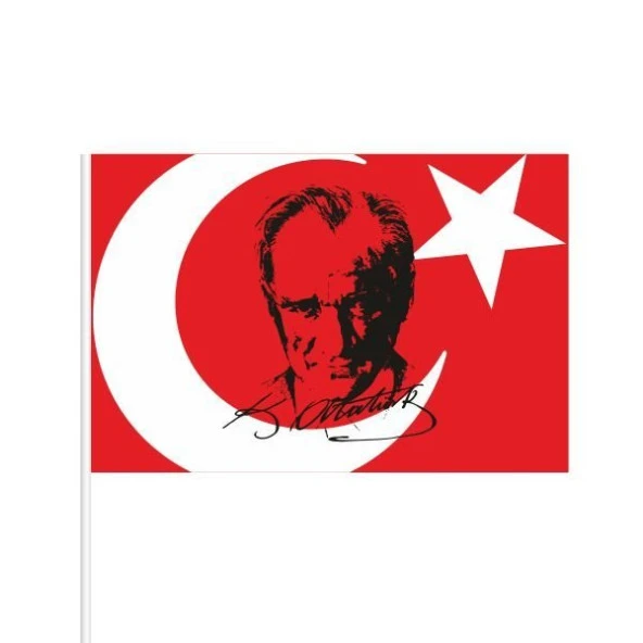 Atatürklü Türk bayrağı 30x45 cm Raşel Kumaş - Sopalı- 10 adet