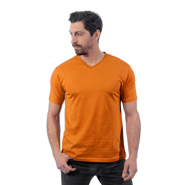 V Yaka Tişört, Turuncu -113E205- T-shirt, Tshirt, Kısa Kollu