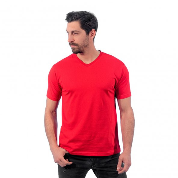V Yaka Tişört, Kırmızı -113E202- T-shirt, Tshirt, Kısa Kollu