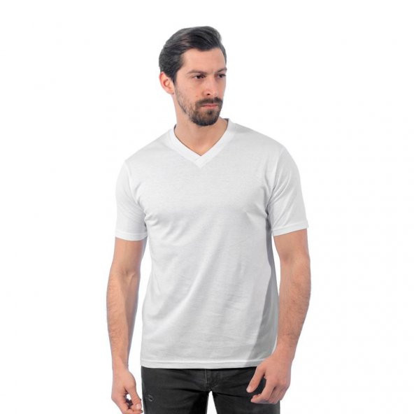 V Yaka Tişört, Beyaz -113E210- T-shirt, Tshirt, Kısa Kollu