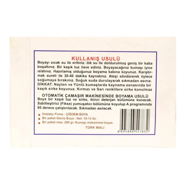 Gloria Al Kırmızı Renkli Pamuk Yün Naylon İpek Kumaş Boyası 10Gr - 4
