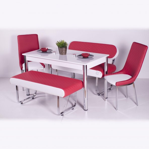 Kırmızı Beyaz Mutfak Yemek Takımı Masa Sandalye Deri Bank TK 5 Parça
