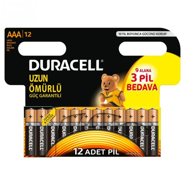 Duracell Alkalin AAA İnce Kalem Pil (9+3) 12li Paket
