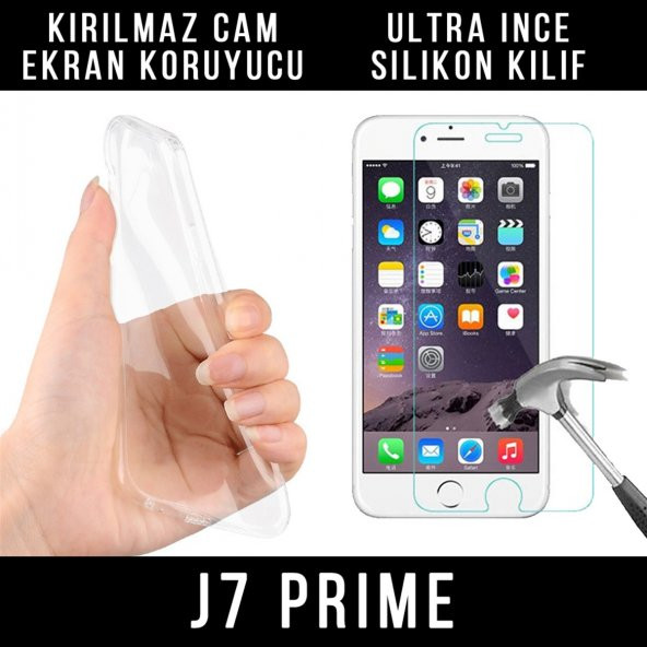 Samsung J7 Prime Ultra İnce Şeffaf Silikon Kılıf + Temperli Cam