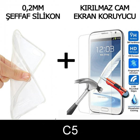 Samsung C5 Ultra İnce Şeffaf Silikon Kılıf + Temperli Cam