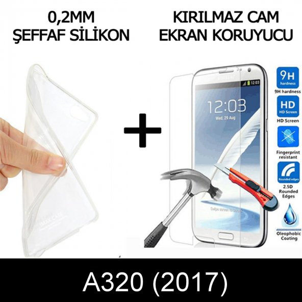 Samsung A320  Ultra İnce Şeffaf Silikon Kılıf + Temperli Cam