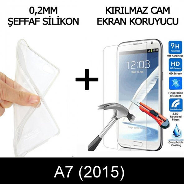 Samsung A7 2015 Ultra İnce Şeffaf Silikon Kılıf + Temperli Cam