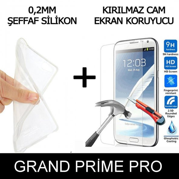 Samsung Grand Prime Pro  Ultra İnce Şeffaf Silikon Kılıf + Temperli Cam