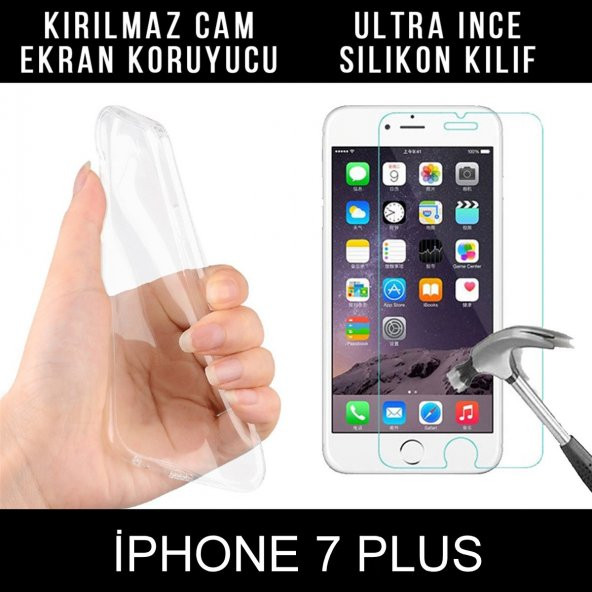 İphone 7 Plus Ultra İnce Şeffaf Silikon Kılıf + Temperli Cam