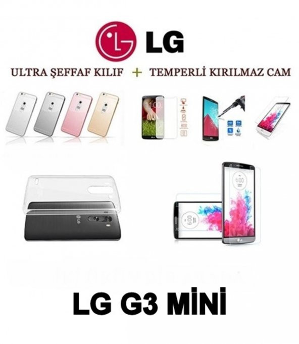LG G3 Mini  Ultra İnce Şeffaf Silikon Kılıf + Temperli Cam