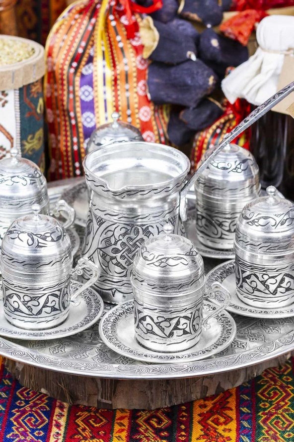Bakır İşlemeli 6 Kişilik Cezveli Kahve Fincan Takımı Seti Beyaz - 2