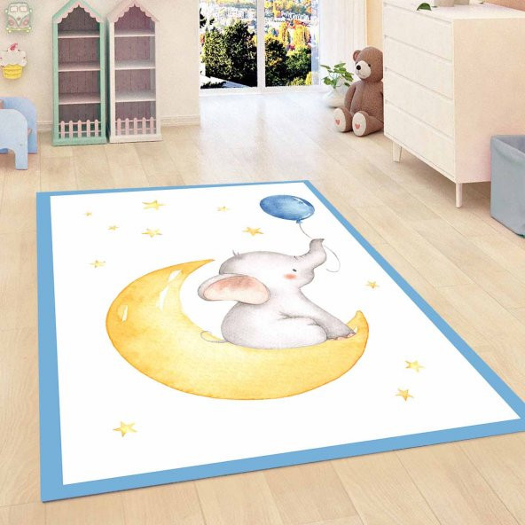 KADSER MAVİ FİLLİ AY YILDIZ 3D MODERN BEBEK ÇOCUK HALISI