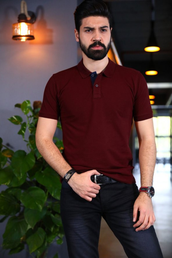 Bordo Polo Yaka Tshirt - Kısa Kollu Tişört - Basic T-shirt