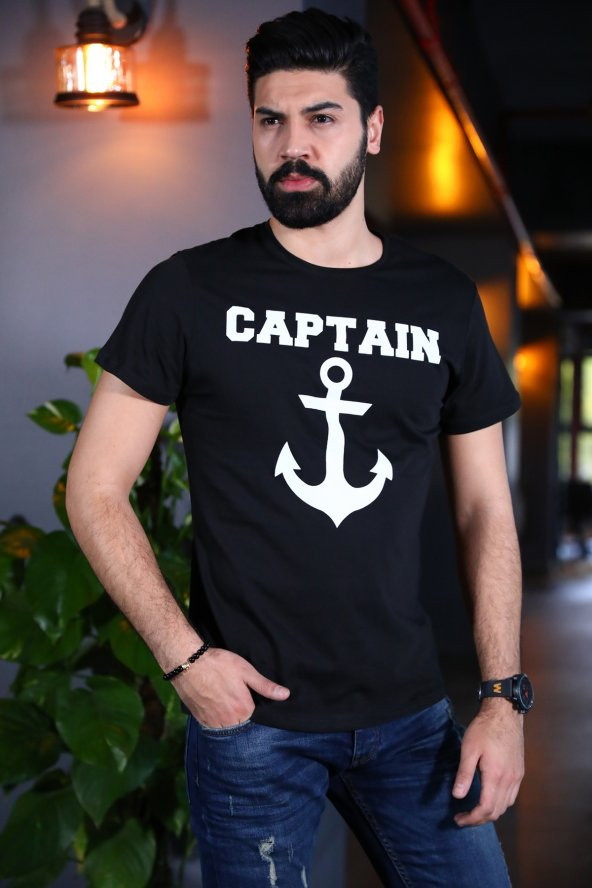 Captain Tişört Siyah Bicycle Yaka Tshirt Kısa Kollu T-shirt