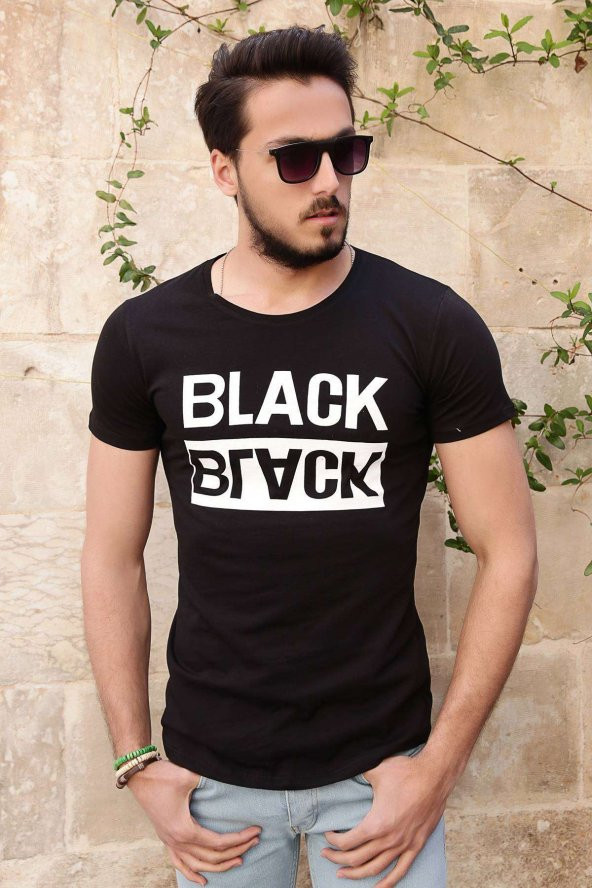 BLACK Baskılı T-shirt Siyah Tshirt Bicycle Yaka Tişört