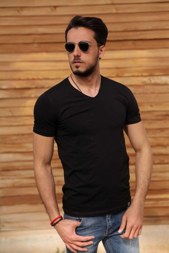 V Yaka Basic Tshirt Kısa Kol Siyah Tişört