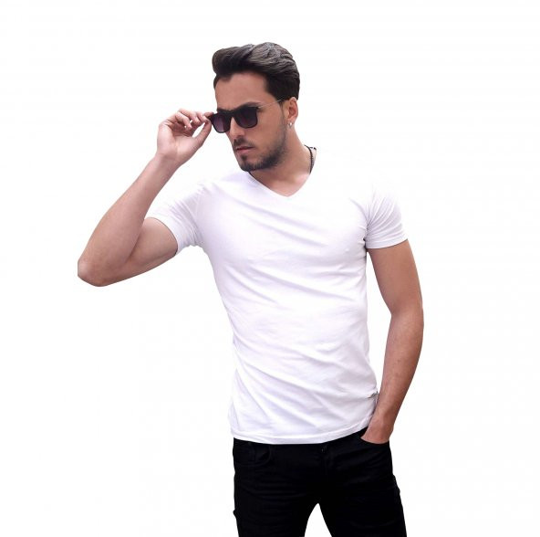 V Yaka Tshirt Basic Kısa Kollu Beyaz Tişört
