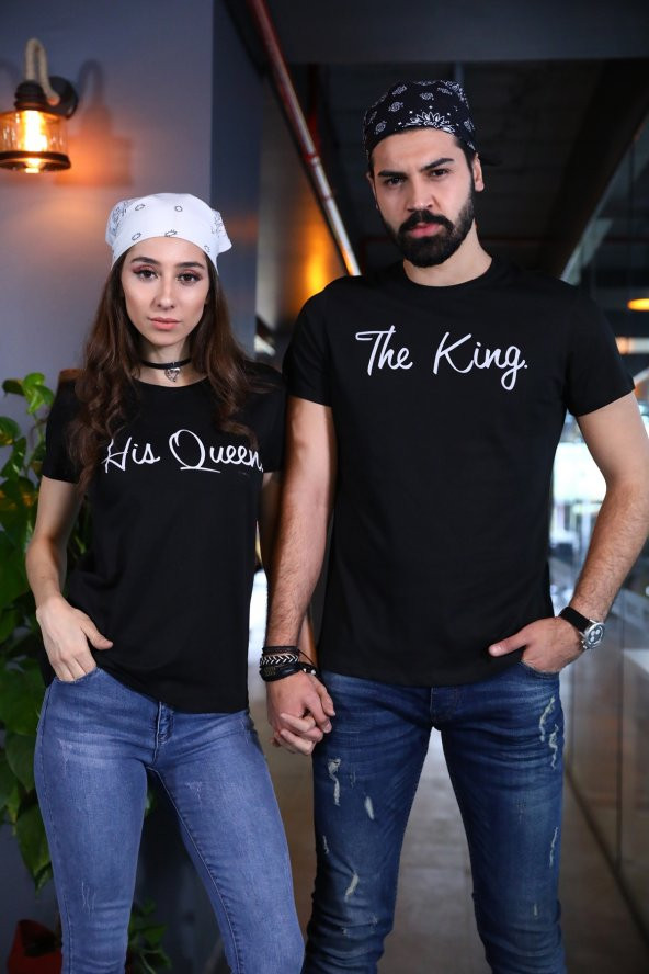King Queen Tişört Sevgili Kombini T-shirt Siyah Tshirt