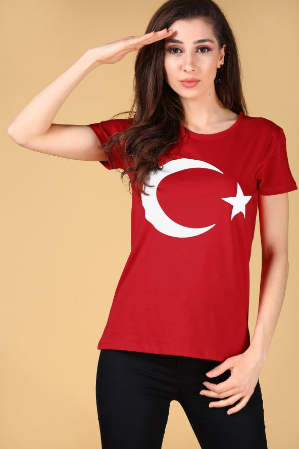 Ay-Yıldız Baskılı Kırmızı T-shirt Bayan Tişört Türk Bayrağı