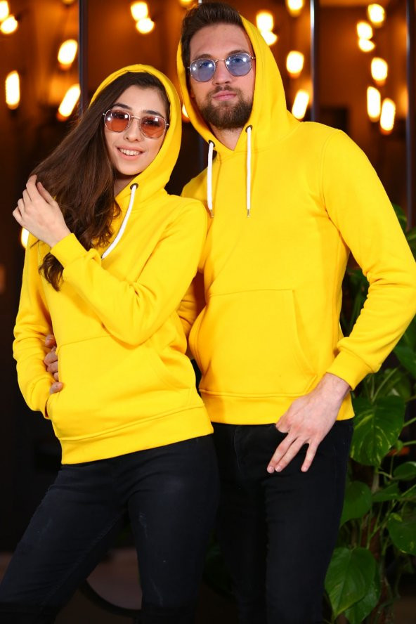 Sevgili Kombinleri Sarı Kanguru Cepli Kapüşonlu Sweatshirt