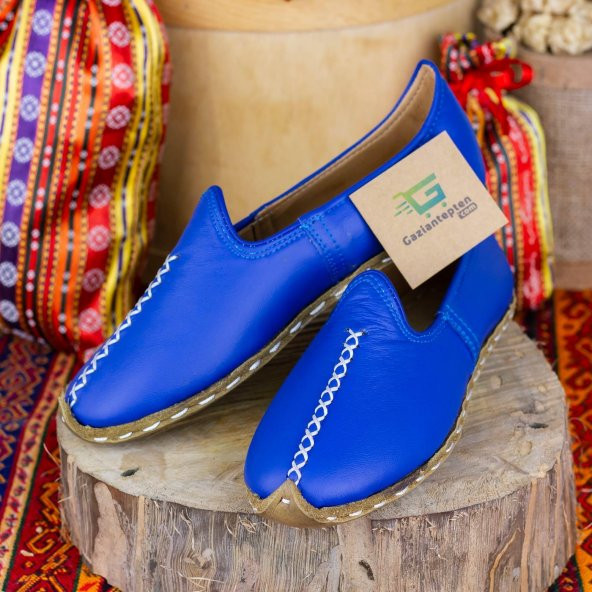 Açık Mavi Renkli Beyaz Dikişli Deri Bayan Erkek Yemeni Günlük Ayakkabı