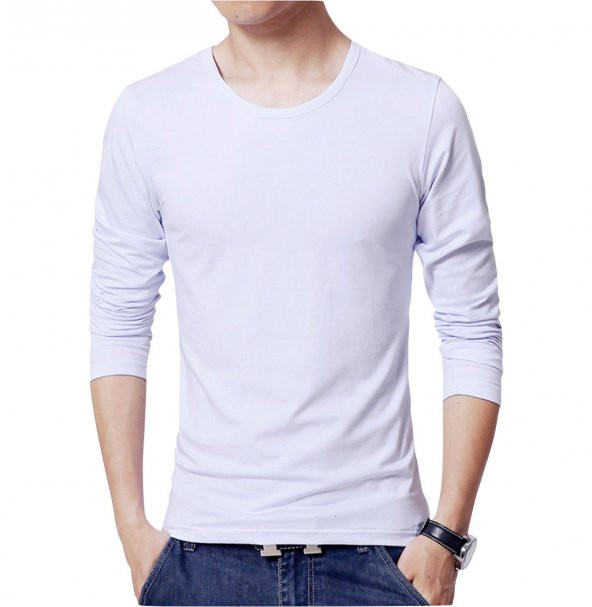 Sıfır Yaka Erkek Tişört - Beyaz Erkek Tshirt-Uzun Kollu T-shirt