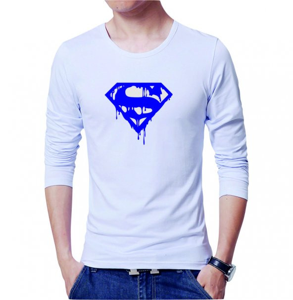 Süperman Erkek Tişört - Beyaz Erkek Tshirt-Uzun Kollu T-shirt