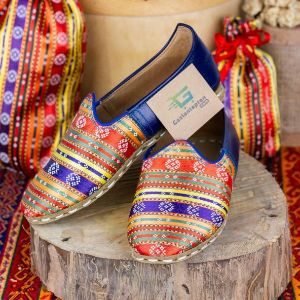 Motifli Çok Renkli Mavi Deri Bayan Erkek Yemeni Günlük Ayakkabı