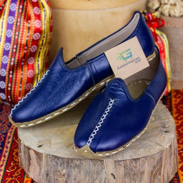 Mavi Renkli Beyaz Dikişli Deri Bayan Erkek Yemeni Günlük Ayakkabı