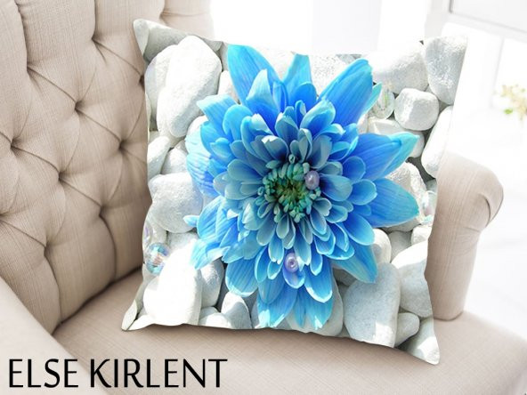 ELSE Taşlı Mavi Çiçekli 3 Boyutlu Dekoratif Yastık Kırlent Kılıfı