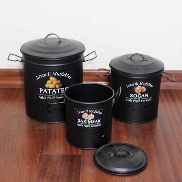 3lü Metal Kapaklı Siyah Renk Patates Soğan Saklama Kova Kutusu - 1