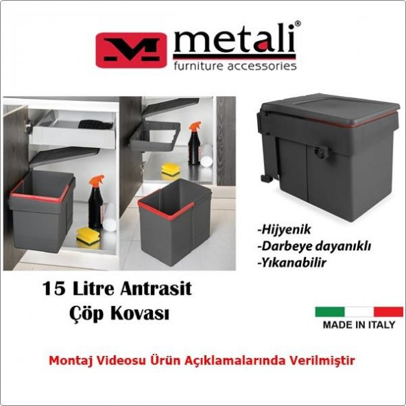 Metali Dolap İçi Çöp Kovası Antrasit 15 Lt Made İn İtaly - 3