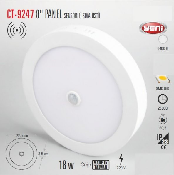 Cata 18W Sensörlü Sıva Üstü Yuvarlak Led Panel Led Lamba Spot - 3