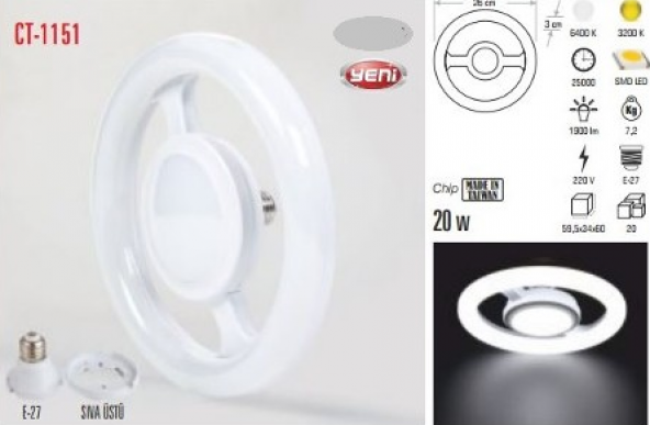 Cata 20W Led Işık Simit | Yuvarlak Ampul Lamba - 2