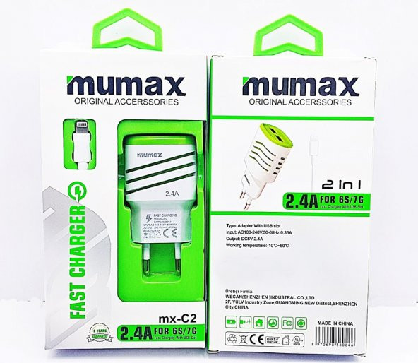 Mumax İphone 5 6 7 7 plus Uyumlu  Şarj Aleti Şarj Cihazı 2.4A 2 usb li