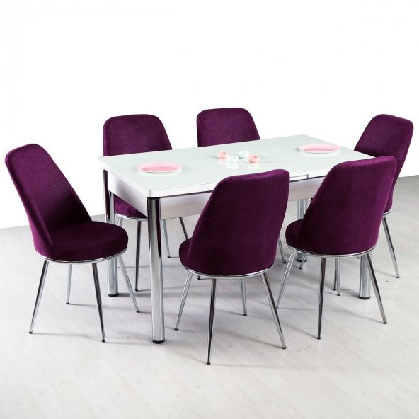 Mutfak Masası Masa Sandalye Takımı Kumaş Açılır Cam 6 Sandalyeli