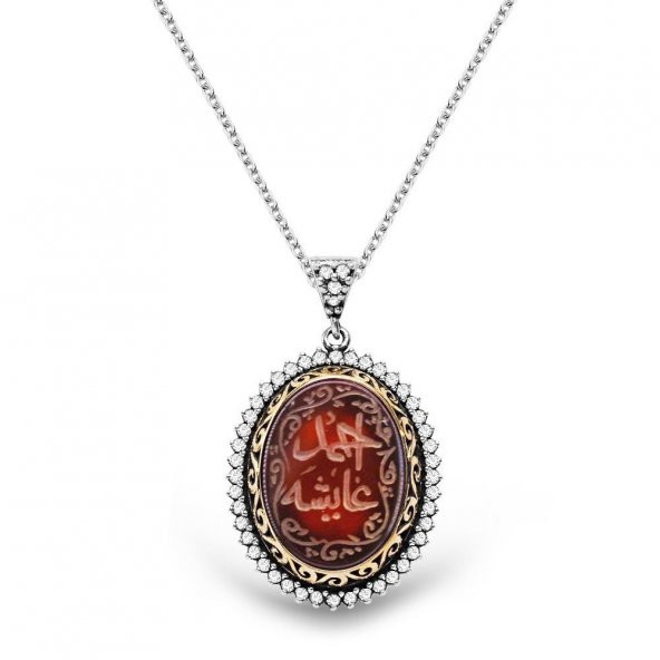 Akik Taşlı Kişiye Özel Arapça El Yazılı 925 Ayar Gümüş Bayan Kolye