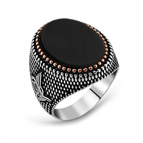 Tuğra İşlemeli Siyah Yuvarlak Oniks Taşlı 925 Ayar Gümüş Erkek Yüzük - 3