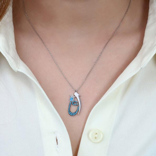 Turkuaz Zirkon Taşlı Elif-Vav-Lale Tasarım 925 Ayar Gümüş Bayan Kolye - 3