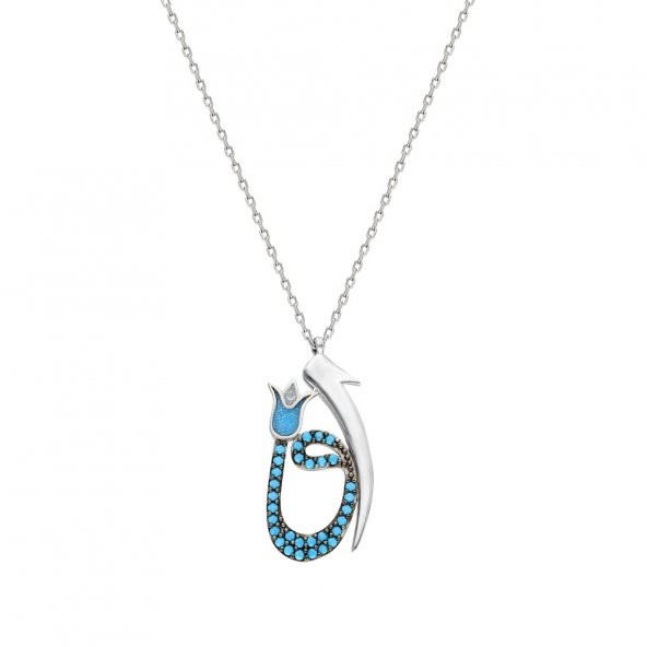 Turkuaz Zirkon Taşlı Elif-Vav-Lale Tasarım 925 Ayar Gümüş Bayan Kolye - 4