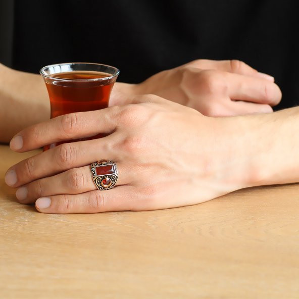 Ayyıldız İşlemeli Kırmızı Akik Taşlı 925 Ayar Gümüş Erkek Yüzük - 3