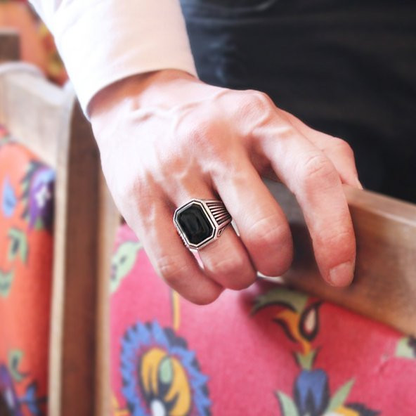 Halat Desenli Siyah Oniks Taşlı 925 Ayar Gümüş Erkek Yüzük - 4
