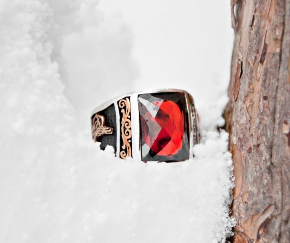 Tuğra İşlemeli Kırmızı Zirkon Taşlı 925 Ayar Gümüş Milli İrade Yüzüğü - 3