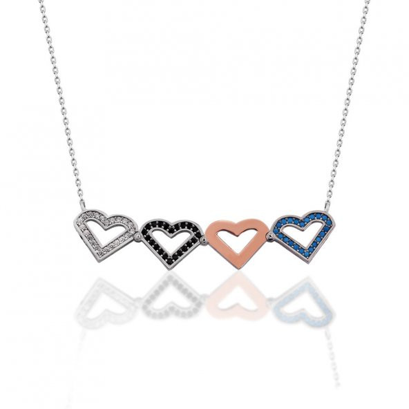 Renkli Zirkon Taşlı İki Kullanımlı Üç Kalp 925 Ayar Gümüş Bayan Kolye - 3