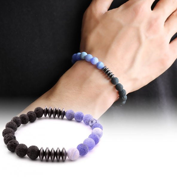 Küre Kesim Mor Lav-Hematit-Akik Doğaltaş Bileklik