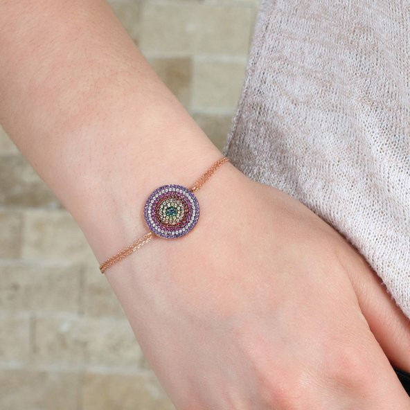 Renkli Zirkon Taşlı Yuvarlak Tasarım 925 Ayar Gümüş Bayan Bileklik - 3