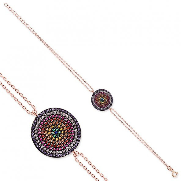 Renkli Zirkon Taşlı Yuvarlak Tasarım 925 Ayar Gümüş Bayan Bileklik - 5