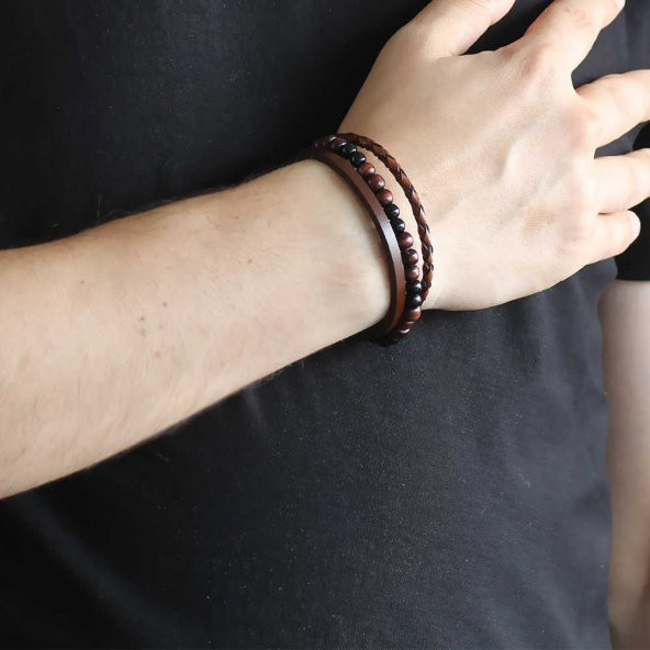 Hasır Tasarım Kuka-Oniks Taşlı 3 Sıra Çelik-Deri Kombinli Erkek Bileklik - 3