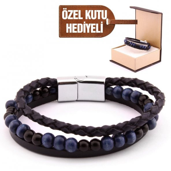 Hasır Tasarım Kuka İşlemeli 3 Sıra Siyah-Lacivert Çelik-Deri Kombinli Bileklik - 5