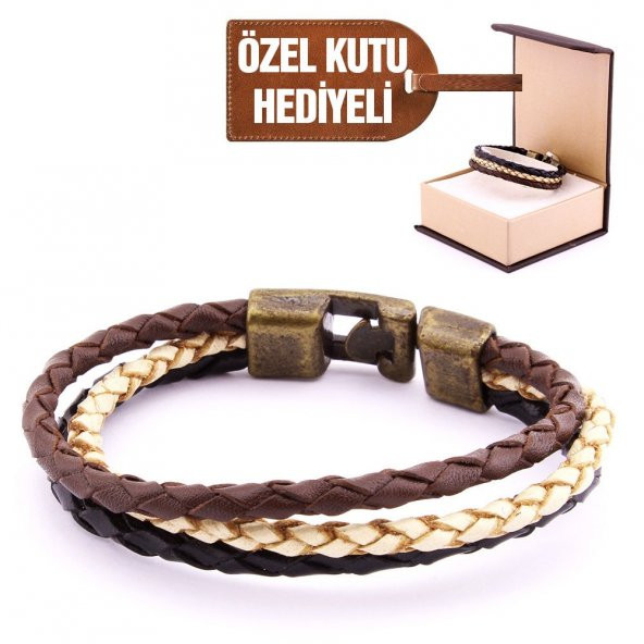 Hasır Tasarım 3 Sıra Renk Kombinli Deri Erkek Bileklik - 5